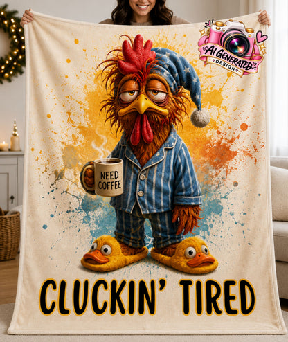 A person holds up a large fleece blanket featuring a cartoon rooster in blue pajamas holding a mug that says 'NEED COFFEE,' with the text 'CLUCKIN' TIRED' at the bottom. The blanket is shown in a living room setting, and a 'All Generated Fiction' watermark is visible in the top right corner.