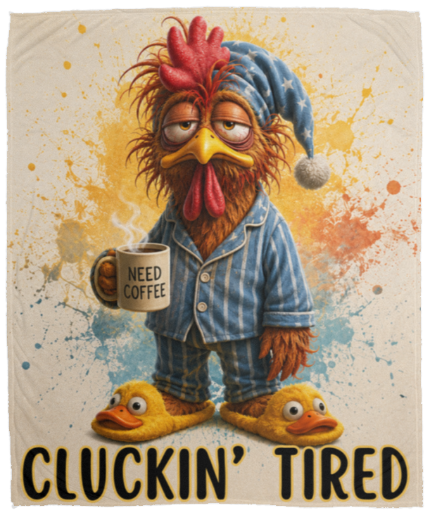 A cream-colored fleece blanket with a colorful cartoon rooster wearing blue pajamas and holding a mug that says 'NEED COFFEE'. The blanket has a yellow border and the text 'CLUCKIN' TIRED' printed at the bottom on a transparent background
