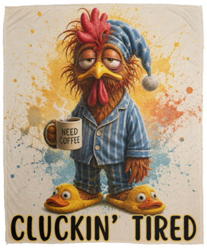 A cream-colored fleece blanket with a colorful cartoon rooster wearing blue pajamas and holding a mug that says 'NEED COFFEE'. The blanket has a yellow border and the text 'CLUCKIN' TIRED' printed at the bottom on a transparent background