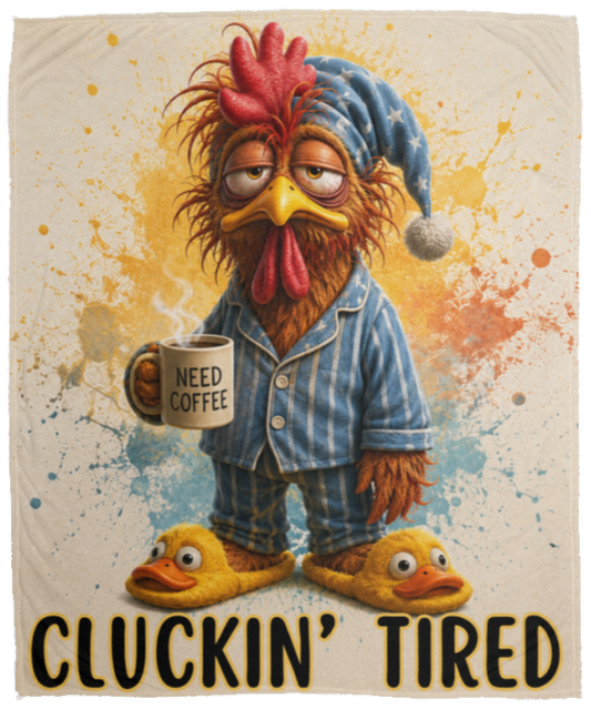 A cream-colored fleece blanket with a colorful cartoon rooster wearing blue pajamas and holding a mug that says 'NEED COFFEE'. The blanket has a yellow border and the text 'CLUCKIN' TIRED' printed at the bottom on a transparent background