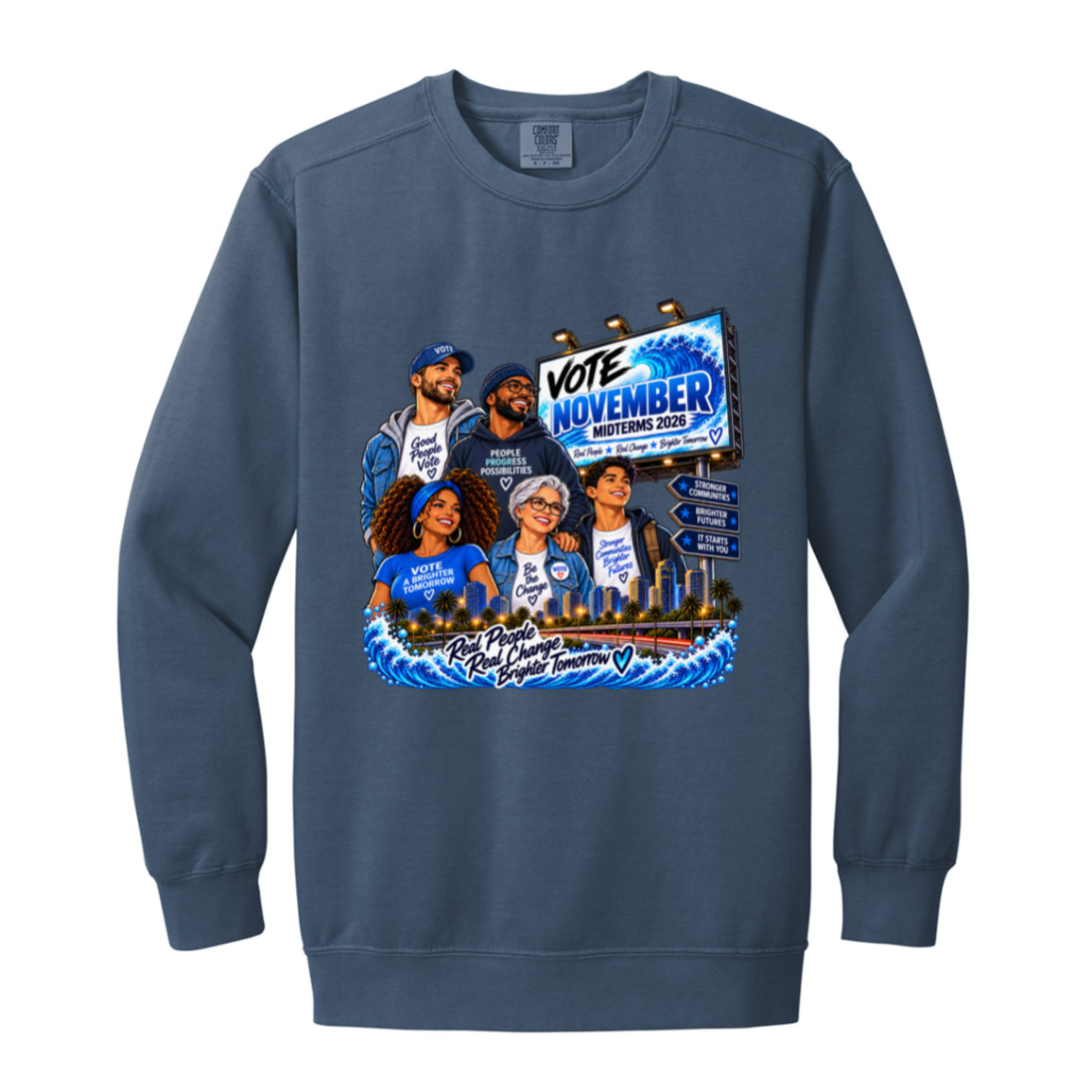 Colorful civic-themed illustration featuring a diverse group of people in front of a city skyline and blue waves, with text reading “Vote November Midterms 2026,” “People Progress Possibilities,” “Stronger Communities,” and “Brighter Futures” on a transparent background