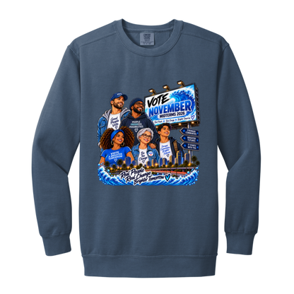 Colorful civic-themed illustration featuring a diverse group of people in front of a city skyline and blue waves, with text reading “Vote November Midterms 2026,” “People Progress Possibilities,” “Stronger Communities,” and “Brighter Futures” on a transparent background