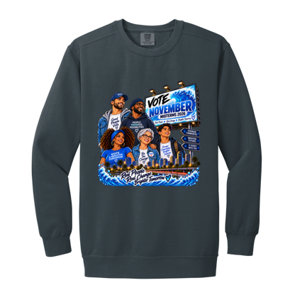Colorful civic-themed illustration featuring a diverse group of people in front of a city skyline and blue waves, with text reading “Vote November Midterms 2026,” “People Progress Possibilities,” “Stronger Communities,” and “Brighter Futures” on a transparent background