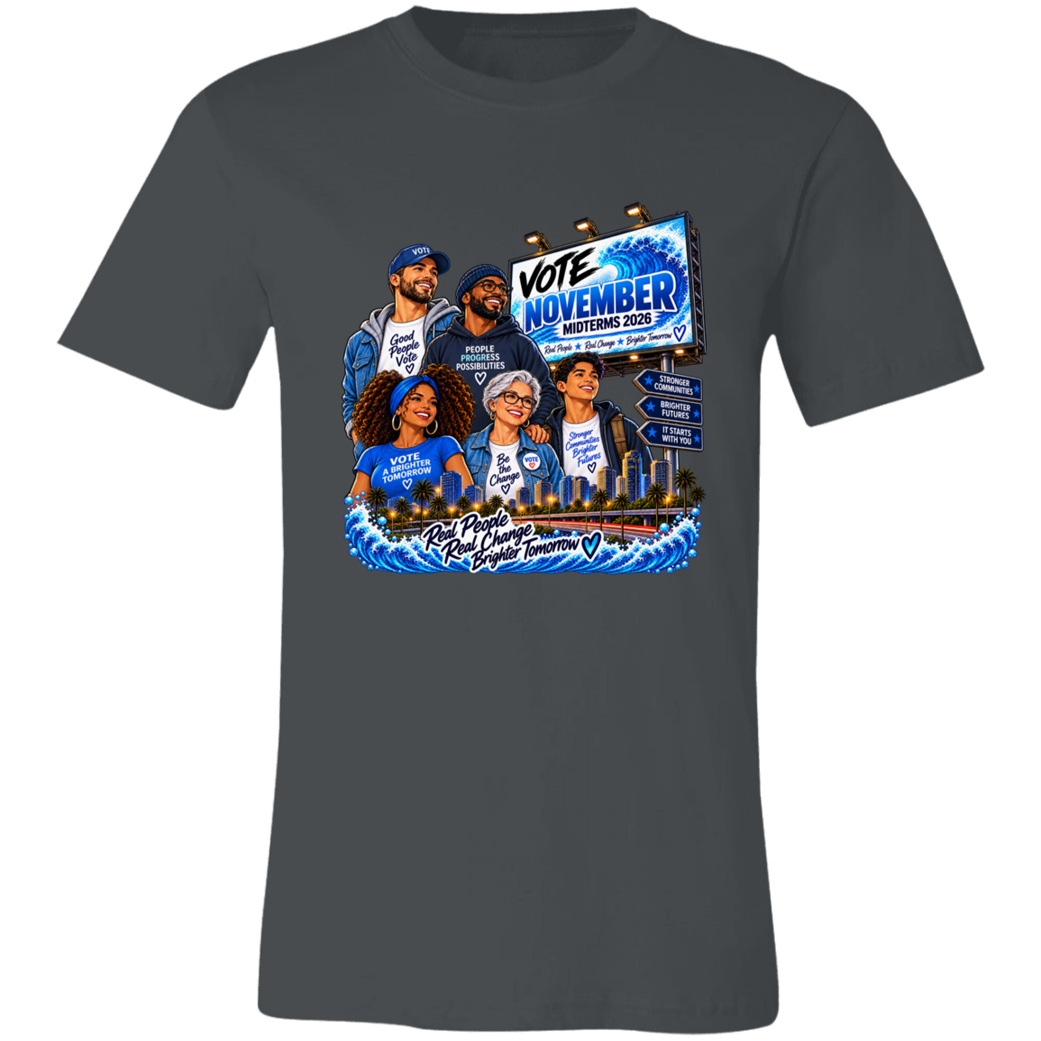 Colorful civic-themed illustration featuring a diverse group of people in front of a city skyline and blue waves, with text reading “Vote November Midterms 2026,” “People Progress Possibilities,” “Stronger Communities,” and “Brighter Futures” on a transparent background