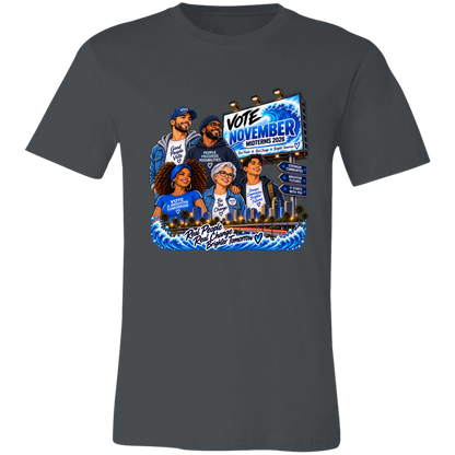 Colorful civic-themed illustration featuring a diverse group of people in front of a city skyline and blue waves, with text reading “Vote November Midterms 2026,” “People Progress Possibilities,” “Stronger Communities,” and “Brighter Futures” on a transparent background