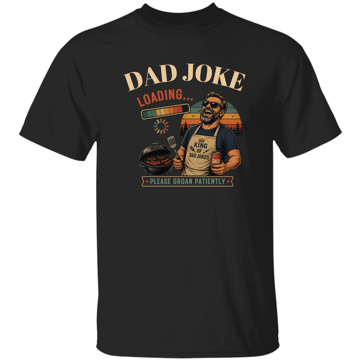 Black t-shirt "Dad Joke, Please Groin Patiently" featuring a retro-inspired grilling dad in sunglasses, a vintage sunset backdrop, and a playful loading bar graphic on a gray and black checkerboard background