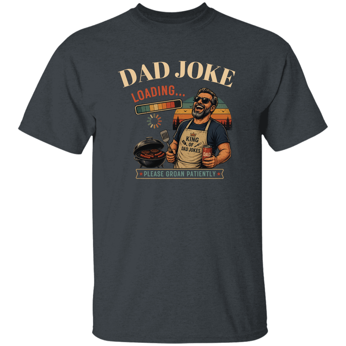 Dark Heather t-shirt "Dad Joke, Please Groin Patiently" featuring a retro-inspired grilling dad in sunglasses, a vintage sunset backdrop, and a playful loading bar graphic on a gray and black checkerboard background
