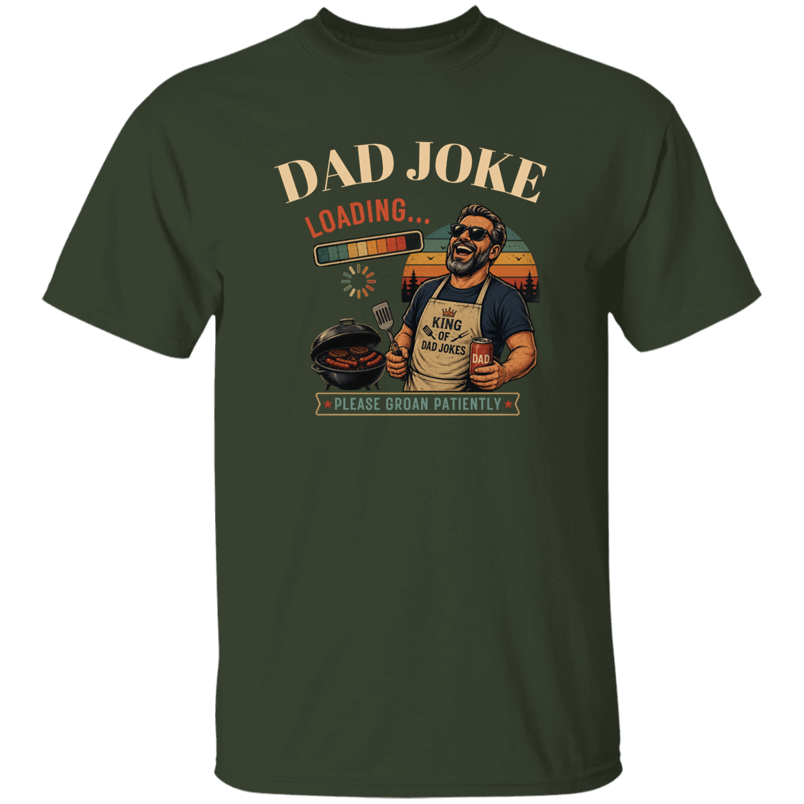 Forest t-shirt "Dad Joke, Please Groin Patiently" featuring a retro-inspired grilling dad in sunglasses, a vintage sunset backdrop, and a playful loading bar graphic on a gray and black checkerboard background