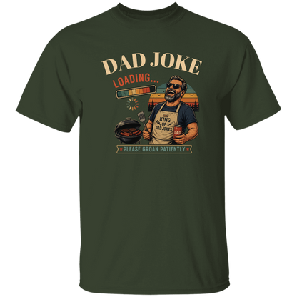 Forest t-shirt "Dad Joke, Please Groin Patiently" featuring a retro-inspired grilling dad in sunglasses, a vintage sunset backdrop, and a playful loading bar graphic on a gray and black checkerboard background