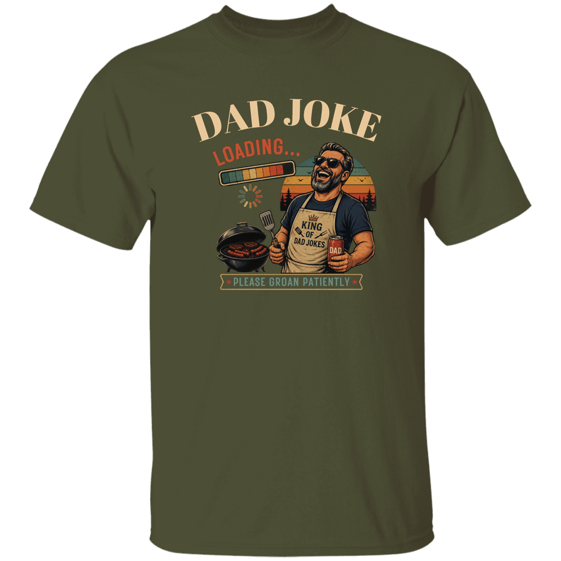 Military Green t-shirt "Dad Joke, Please Groin Patiently" featuring a retro-inspired grilling dad in sunglasses, a vintage sunset backdrop, and a playful loading bar graphic on a gray and black checkerboard background