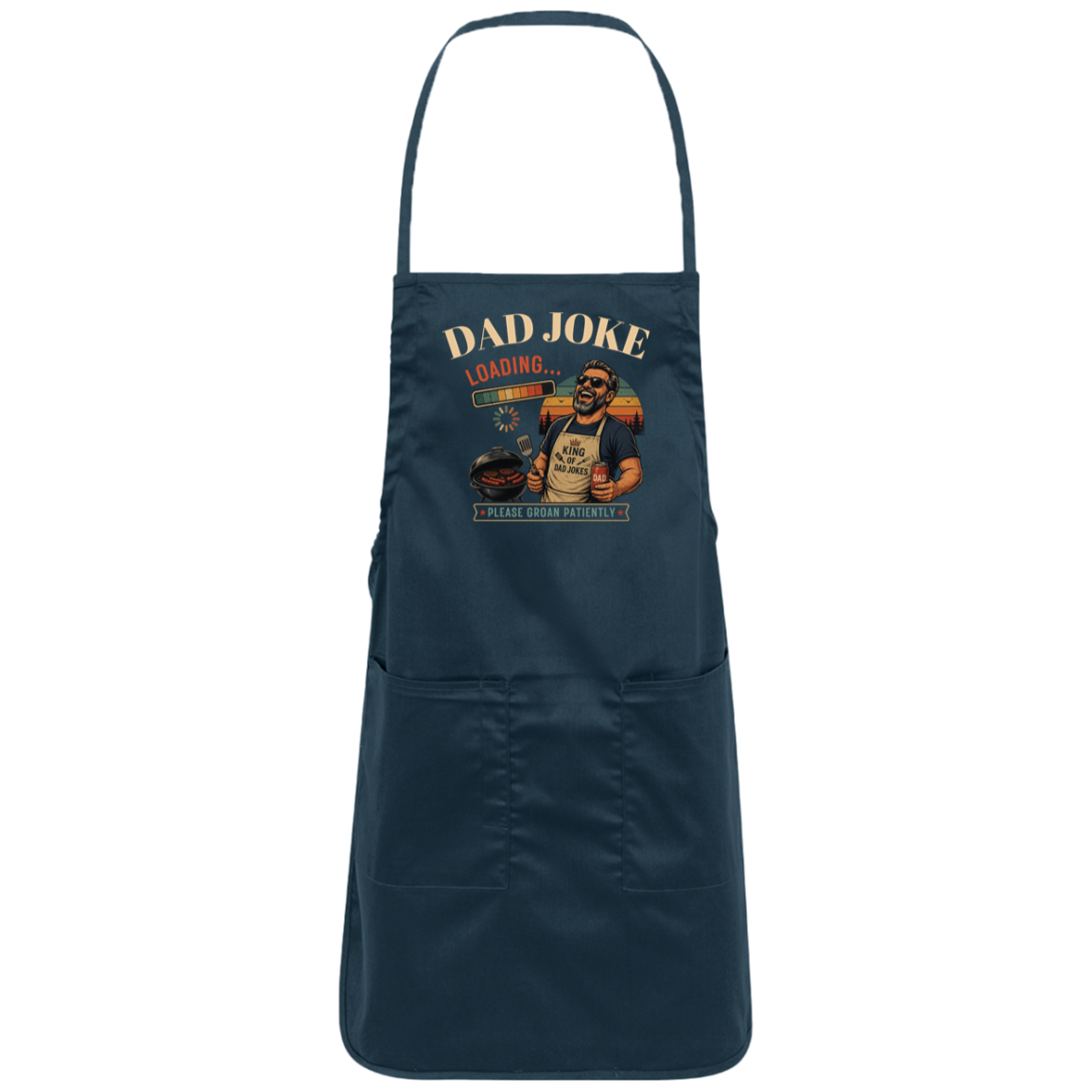 Navy "Dad Joke, Please Groin Patiently" aporn featuring a retro-inspired grilling dad in sunglasses, a vintage sunset backdrop, and a playful loading bar graphic on a gray and black checkerboard background.