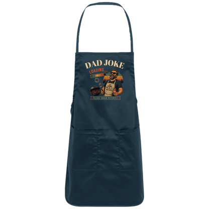 Navy "Dad Joke, Please Groin Patiently" aporn featuring a retro-inspired grilling dad in sunglasses, a vintage sunset backdrop, and a playful loading bar graphic on a gray and black checkerboard background.