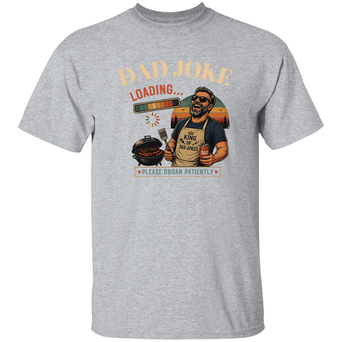 Sport Grey t-shirt "Dad Joke, Please Groin Patiently" featuring a retro-inspired grilling dad in sunglasses, a vintage sunset backdrop, and a playful loading bar graphic on a gray and black checkerboard background