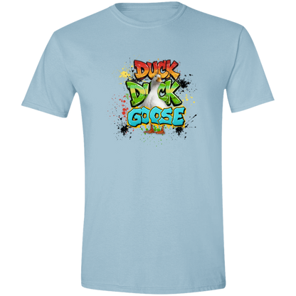 Light Blue t-shirt with 'Duck Duck Goose' graphic featuring a confident goose front and center surrounded by vibrant graffiti-inspired lettering and colorful paint splatter effects on a transparent background