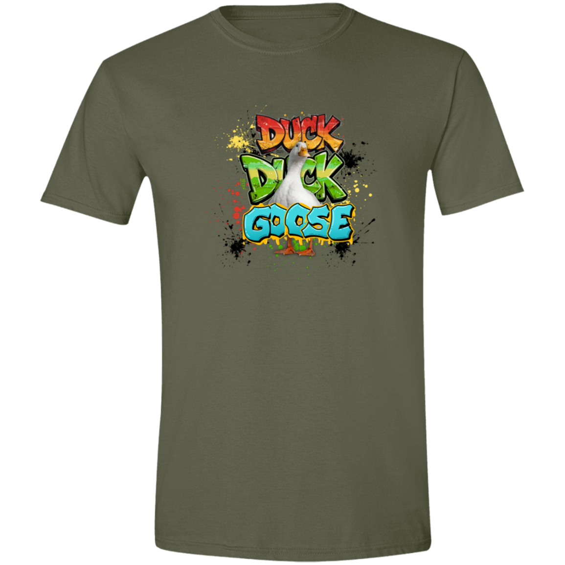 Military Green t-shirt with 'Duck Duck Goose' graphic featuring a confident goose front and center surrounded by vibrant graffiti-inspired lettering and colorful paint splatter effects on a transparent background
