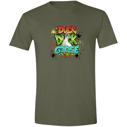 Military Green t-shirt with 'Duck Duck Goose' graphic featuring a confident goose front and center surrounded by vibrant graffiti-inspired lettering and colorful paint splatter effects on a transparent background