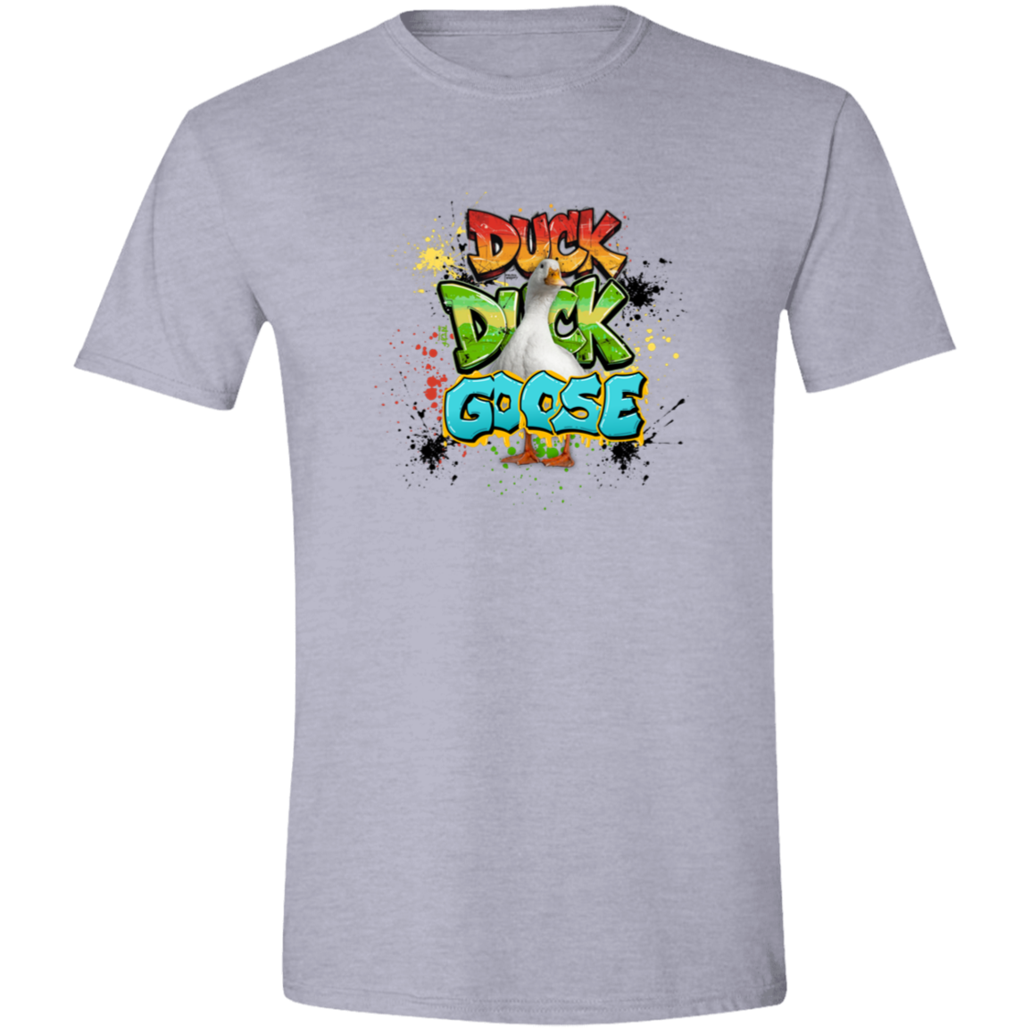 Sport Grey t-shirt with 'Duck Duck Goose' graphic featuring a confident goose front and center surrounded by vibrant graffiti-inspired lettering and colorful paint splatter effects on a transparent background