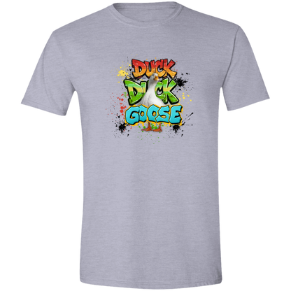 Sport Grey t-shirt with 'Duck Duck Goose' graphic featuring a confident goose front and center surrounded by vibrant graffiti-inspired lettering and colorful paint splatter effects on a transparent background