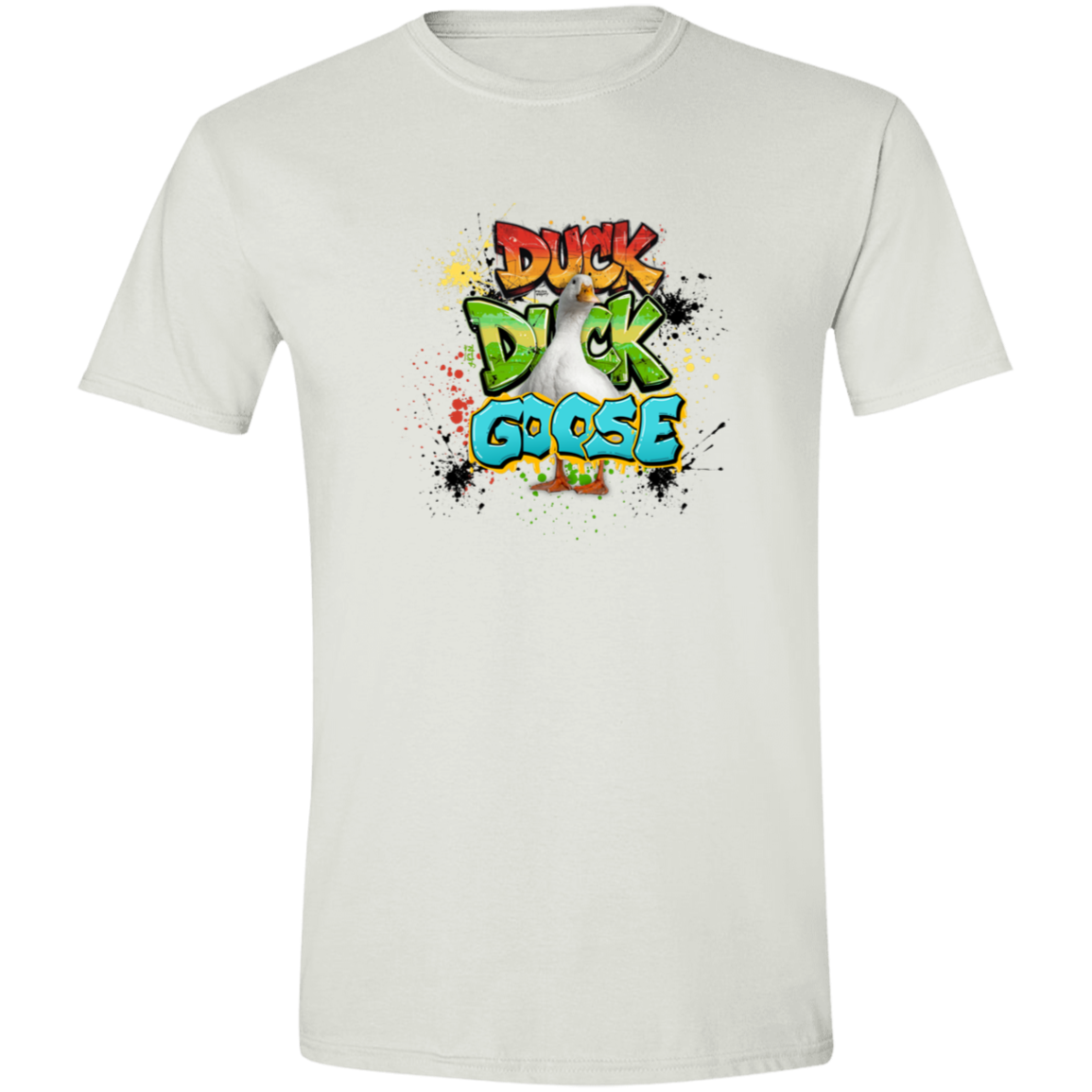 White t-shirt with 'Duck Duck Goose' graphic featuring a confident goose front and center surrounded by vibrant graffiti-inspired lettering and colorful paint splatter effects on a transparent background