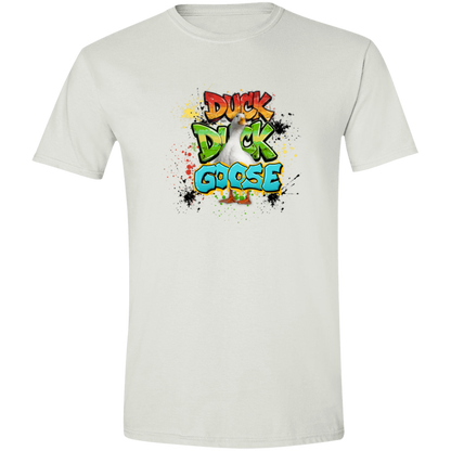 White t-shirt with 'Duck Duck Goose' graphic featuring a confident goose front and center surrounded by vibrant graffiti-inspired lettering and colorful paint splatter effects on a transparent background