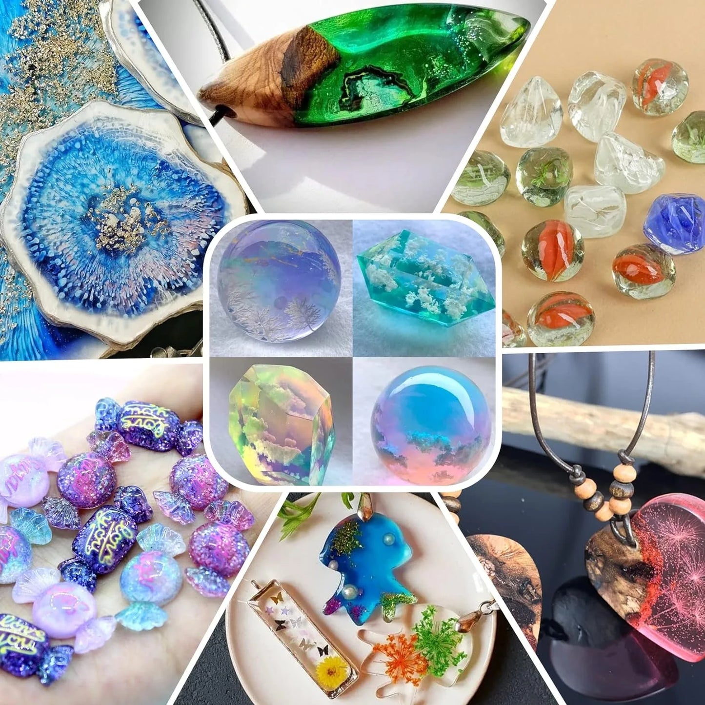 Collage of various colorful resin crafts including jewelry and decorative items.