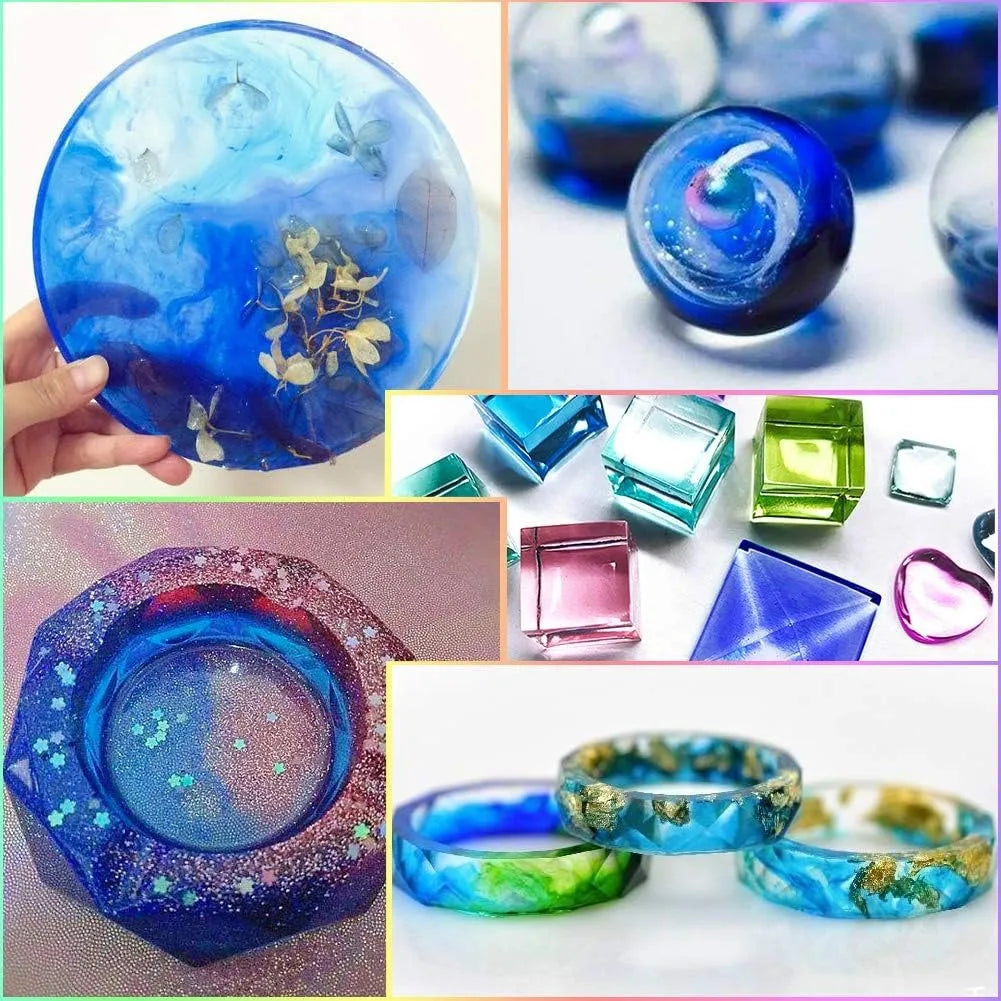 Collage of various blue and clear resin products including bowls, rings, and marbles.