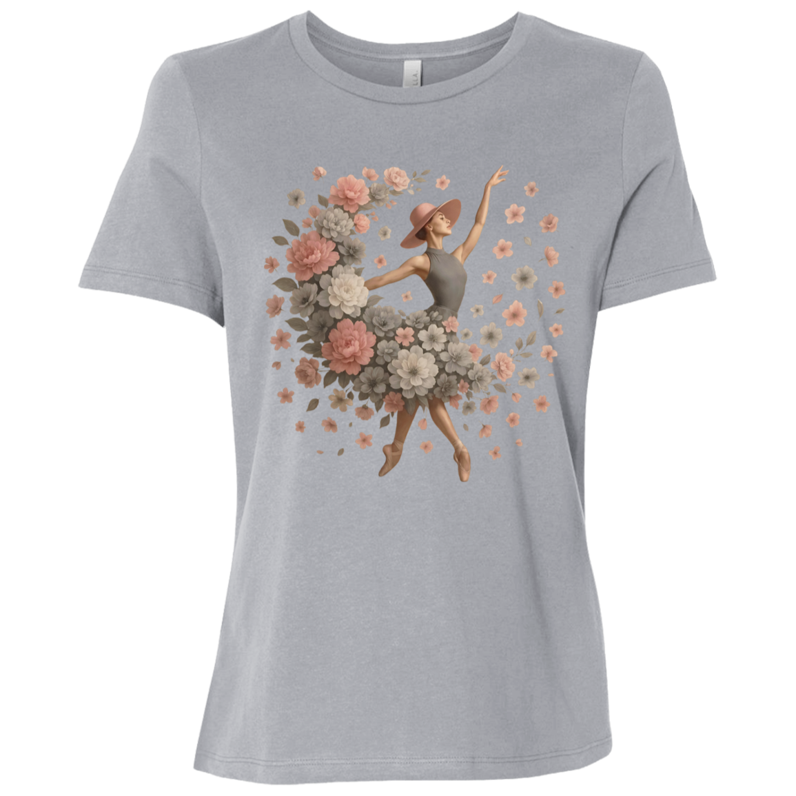 Image of Athletic Gray t-shirt with ballet dancer design with a flowing arrangement of petals and blossoms of gray, white and pink which creates the illusion that the dancer herself is blooming mid-performance, giving the design a dreamy, delicate aesthetic that feels both modern and vintage at once.
