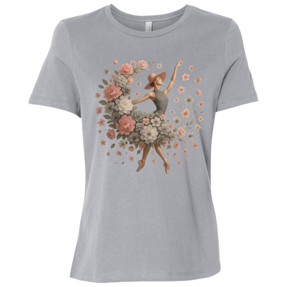 Image of Athletic Gray t-shirt with ballet dancer design with a flowing arrangement of petals and blossoms of gray, white and pink which creates the illusion that the dancer herself is blooming mid-performance, giving the design a dreamy, delicate aesthetic that feels both modern and vintage at once.