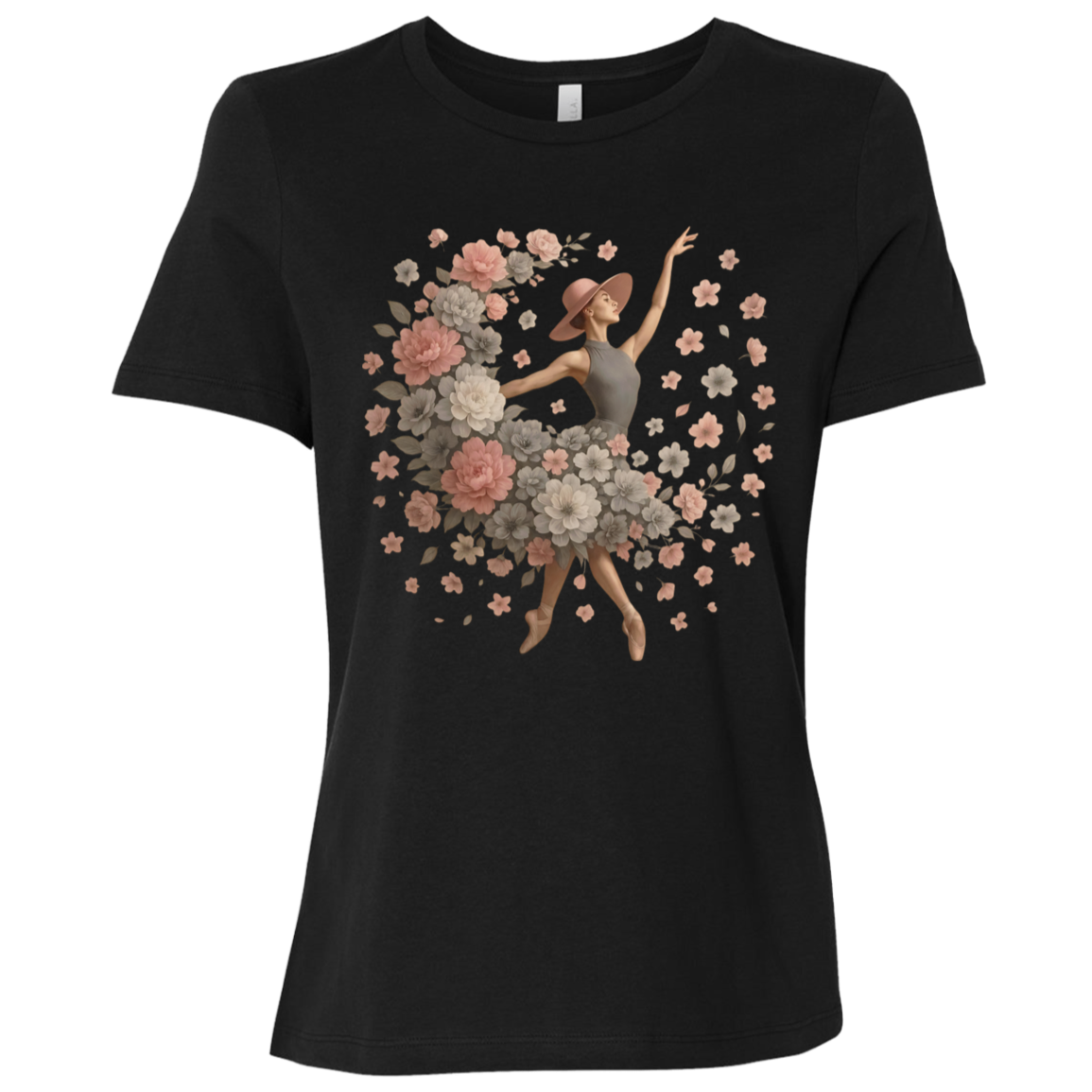 Image of Black t-shirt with ballet dancer design with a flowing arrangement of petals and blossoms of gray, white and pink which creates the illusion that the dancer herself is blooming mid-performance, giving the design a dreamy, delicate aesthetic that feels both modern and vintage at once.