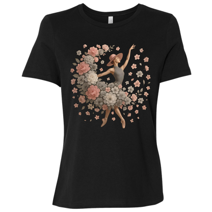 Image of Black t-shirt with ballet dancer design with a flowing arrangement of petals and blossoms of gray, white and pink which creates the illusion that the dancer herself is blooming mid-performance, giving the design a dreamy, delicate aesthetic that feels both modern and vintage at once.