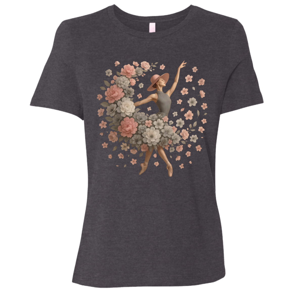 Image of Dark Heather Gray t-shirt with ballet dancer design with a flowing arrangement of petals and blossoms of gray, white and pink which creates the illusion that the dancer herself is blooming mid-performance, giving the design a dreamy, delicate aesthetic that feels both modern and vintage at once.
