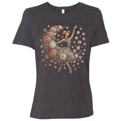 Image of Dark Heather Gray t-shirt with ballet dancer design with a flowing arrangement of petals and blossoms of gray, white and pink which creates the illusion that the dancer herself is blooming mid-performance, giving the design a dreamy, delicate aesthetic that feels both modern and vintage at once.