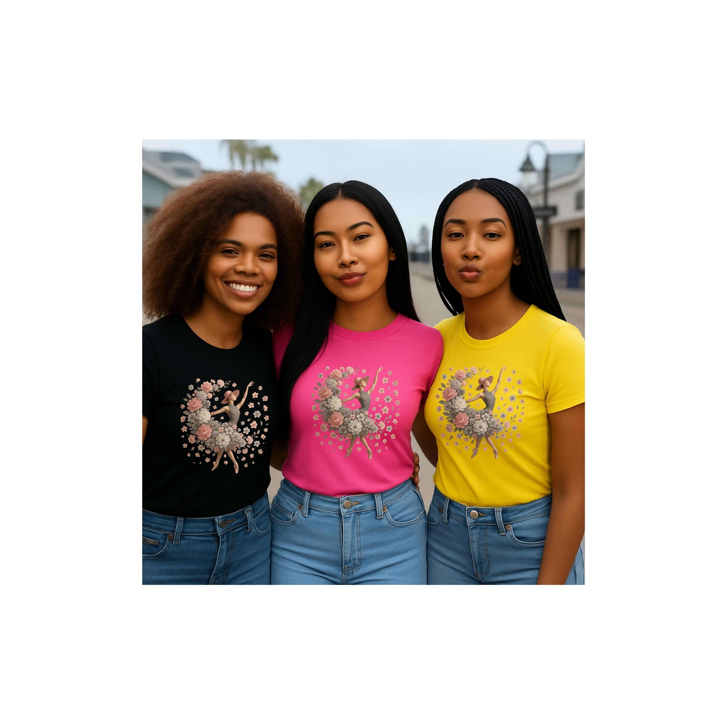 AI  Generated women wearing t-shirts of black, dark pink, and yellow with ballet dancer design with a flowing arrangement of petals and blossoms of gray, white and pink which creates the illusion that the dancer herself is blooming mid-performance, giving the design a dreamy, delicate aesthetic that feels both modern and vintage at once.
