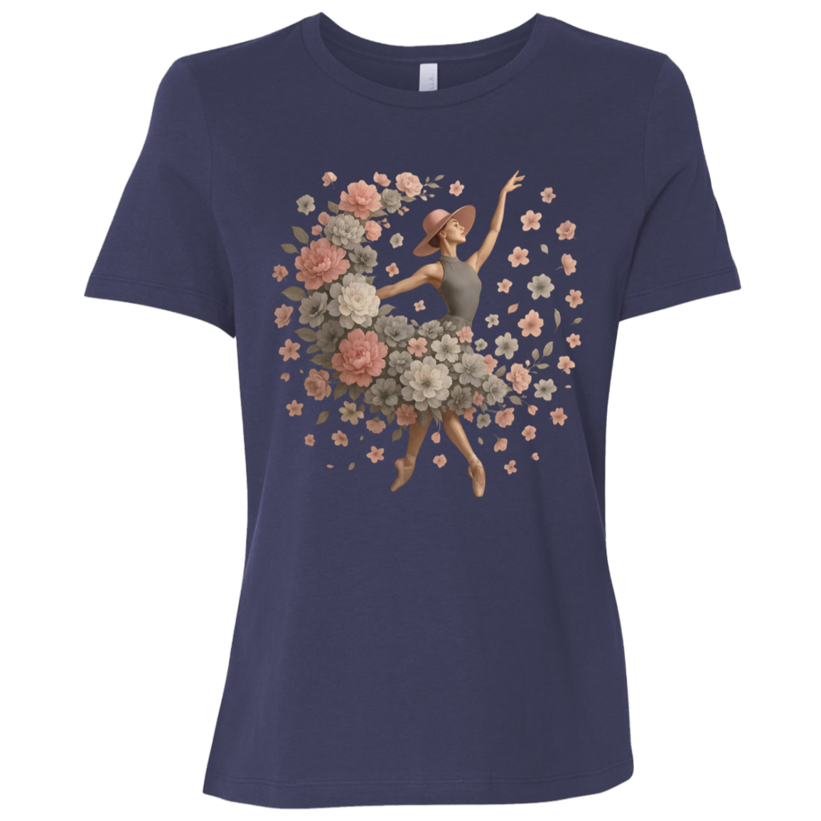 Image of Navy t-shirt with ballet dancer design with a flowing arrangement of petals and blossoms of gray, white and pink which creates the illusion that the dancer herself is blooming mid-performance, giving the design a dreamy, delicate aesthetic that feels both modern and vintage at once.