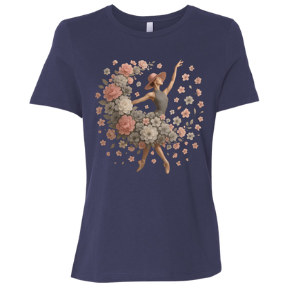 Image of Navy t-shirt with ballet dancer design with a flowing arrangement of petals and blossoms of gray, white and pink which creates the illusion that the dancer herself is blooming mid-performance, giving the design a dreamy, delicate aesthetic that feels both modern and vintage at once.