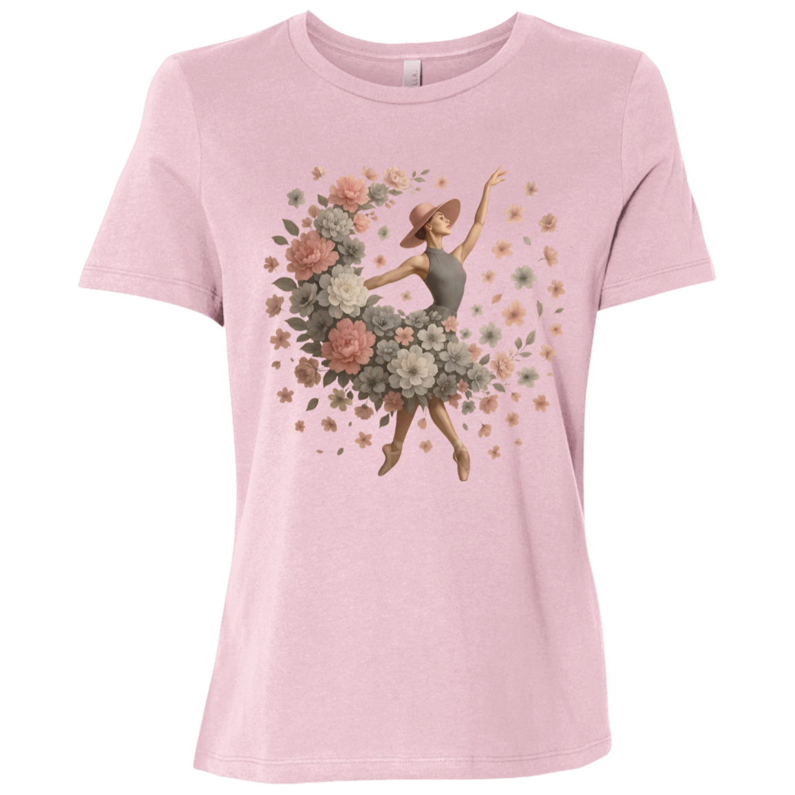 Image of Pink t-shirt with ballet dancer design with a flowing arrangement of petals and blossoms of gray, white and pink which creates the illusion that the dancer herself is blooming mid-performance, giving the design a dreamy, delicate aesthetic that feels both modern and vintage at once.