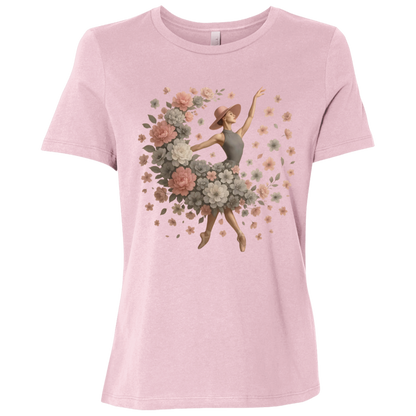 Image of Pink t-shirt with ballet dancer design with a flowing arrangement of petals and blossoms of gray, white and pink which creates the illusion that the dancer herself is blooming mid-performance, giving the design a dreamy, delicate aesthetic that feels both modern and vintage at once.
