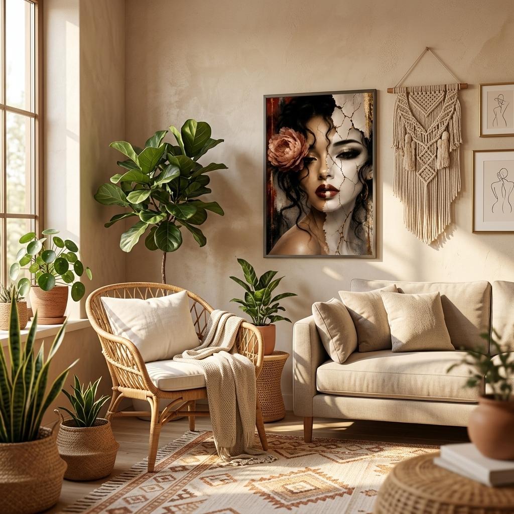 A styled living room interior with a beige sofa, rattan chair, potted plants, a patterned rug, and a framed art print on the wall featuring a woman's portrait with a rose.