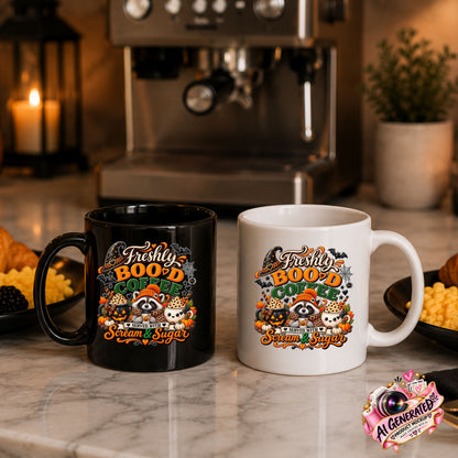 Two ceramic mugs on a marble countertop in a kitchen setting, one black and one white, both printed with a colorful Halloween-themed graphic featuring raccoons, pumpkins, and the text 'Freshly BOO'D'