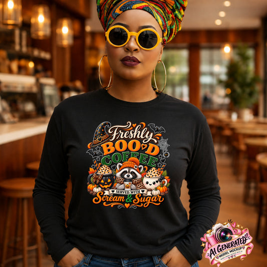 A woman wearing a black long-sleeve graphic t-shirt with a colorful Halloween-themed design that reads 'Freshly BOO'd COFFEE served with a Scream & Sugar' and featuring cartoon raccoons, pumpkins, and ghosts. She is wearing a green and yellow patterned headwrap, yellow sunglasses, and hoop earrings, standing in a cozy, warmly lit coffee shop.