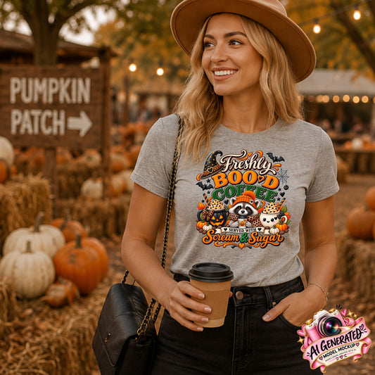 A woman wearing a heather gray graphic t-shirt with a 'Freshly Boood Coffee' autumn raccoon design, standing in a pumpkin patch setting.