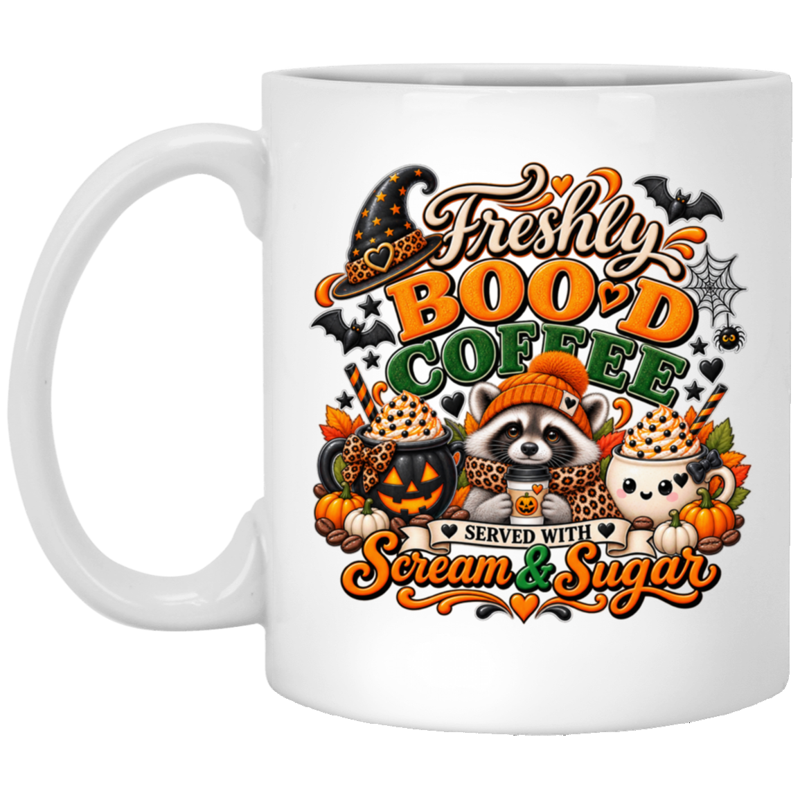 Halloween coffee design mug featuring a cozy raccoon in an orange knit hat and scarf surrounded by pumpkin spice drinks, pumpkins, bats, and autumn leaves, with the text “Freshly Boo'd Coffee” and “Scream & Sugar” on a transparent background