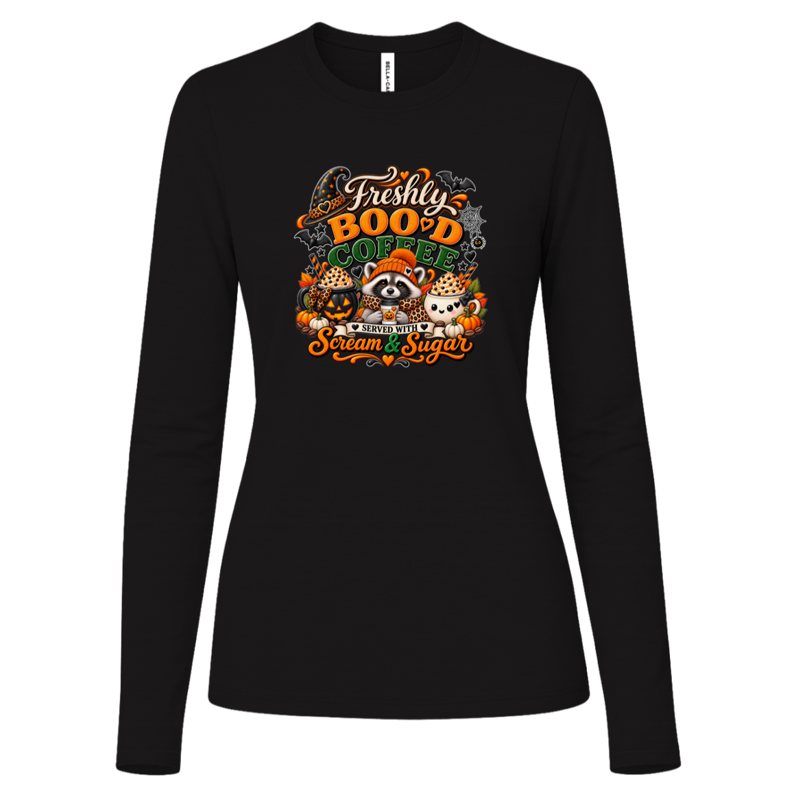 Black Halloween coffee design log sleeve shirt featuring a cozy raccoon in an orange knit hat and scarf surrounded by pumpkin spice drinks, pumpkins, bats, and autumn leaves, with the text “Freshly Boo'd Coffee” and “Scream & Sugar” on a transparent background