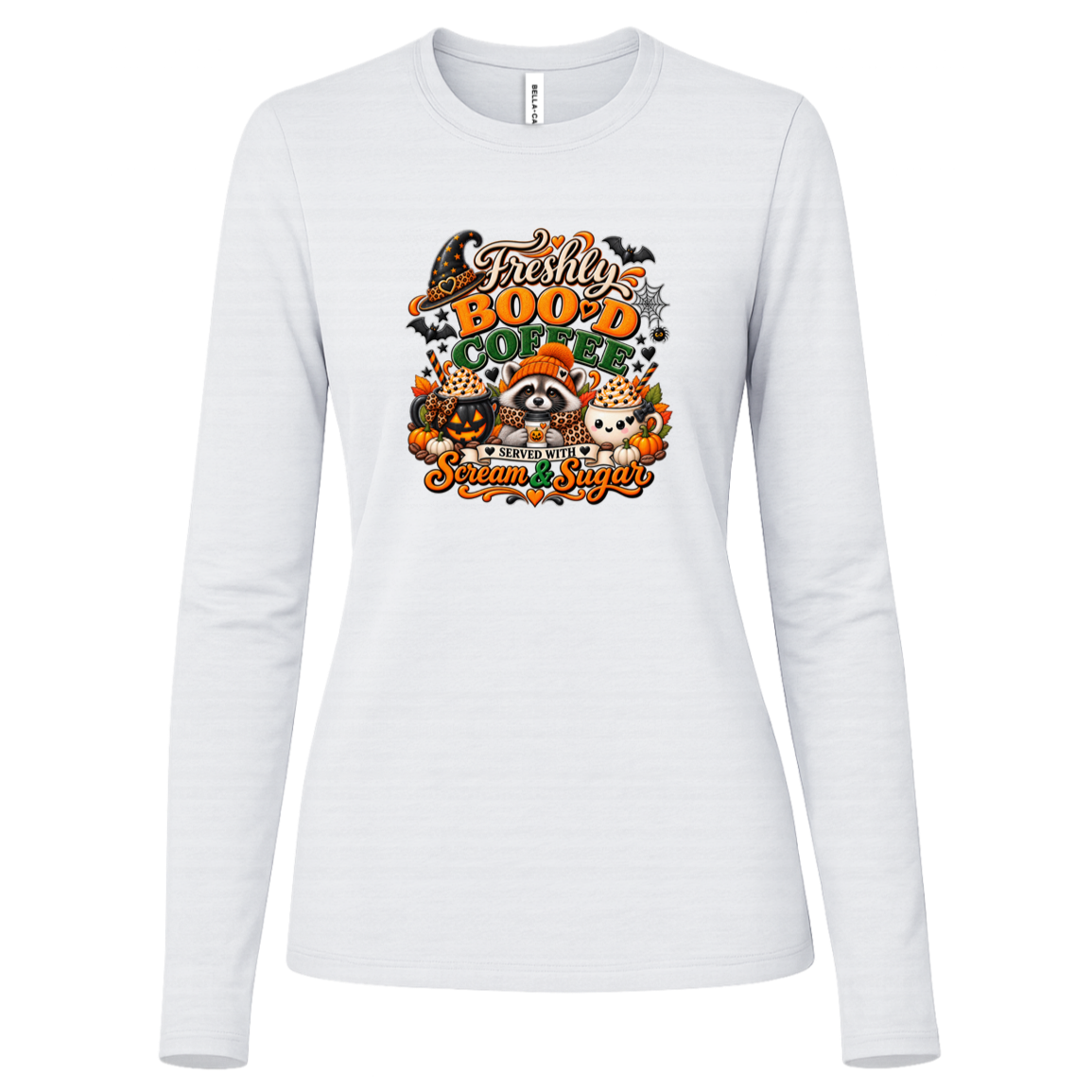 White Halloween coffee design log sleeve shirt featuring a cozy raccoon in an orange knit hat and scarf surrounded by pumpkin spice drinks, pumpkins, bats, and autumn leaves, with the text “Freshly Boo'd Coffee” and “Scream & Sugar” on a transparent background