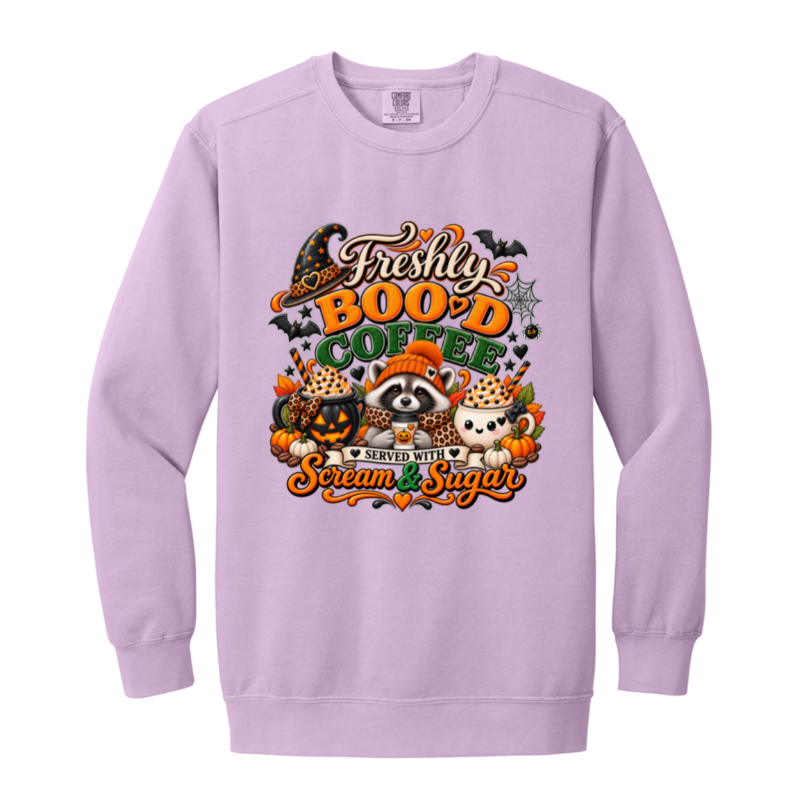 Orchid Halloween coffee design sweatshirt featuring a cozy raccoon in an orange knit hat and scarf surrounded by pumpkin spice drinks, pumpkins, bats, and autumn leaves, with the text “Freshly Boo'd Coffee” and “Scream & Sugar” on a transparent background