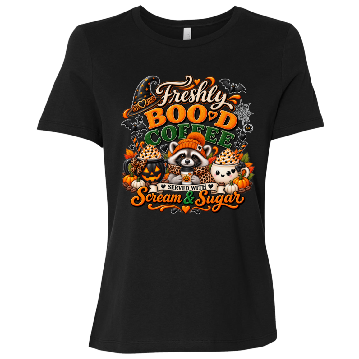 Black Halloween coffee t-shirt design featuring a cozy raccoon in an orange knit hat and scarf surrounded by pumpkin spice drinks, pumpkins, bats, and autumn leaves, with the text “Freshly Boo'd Coffee” and “Scream & Sugar” on a transparent background