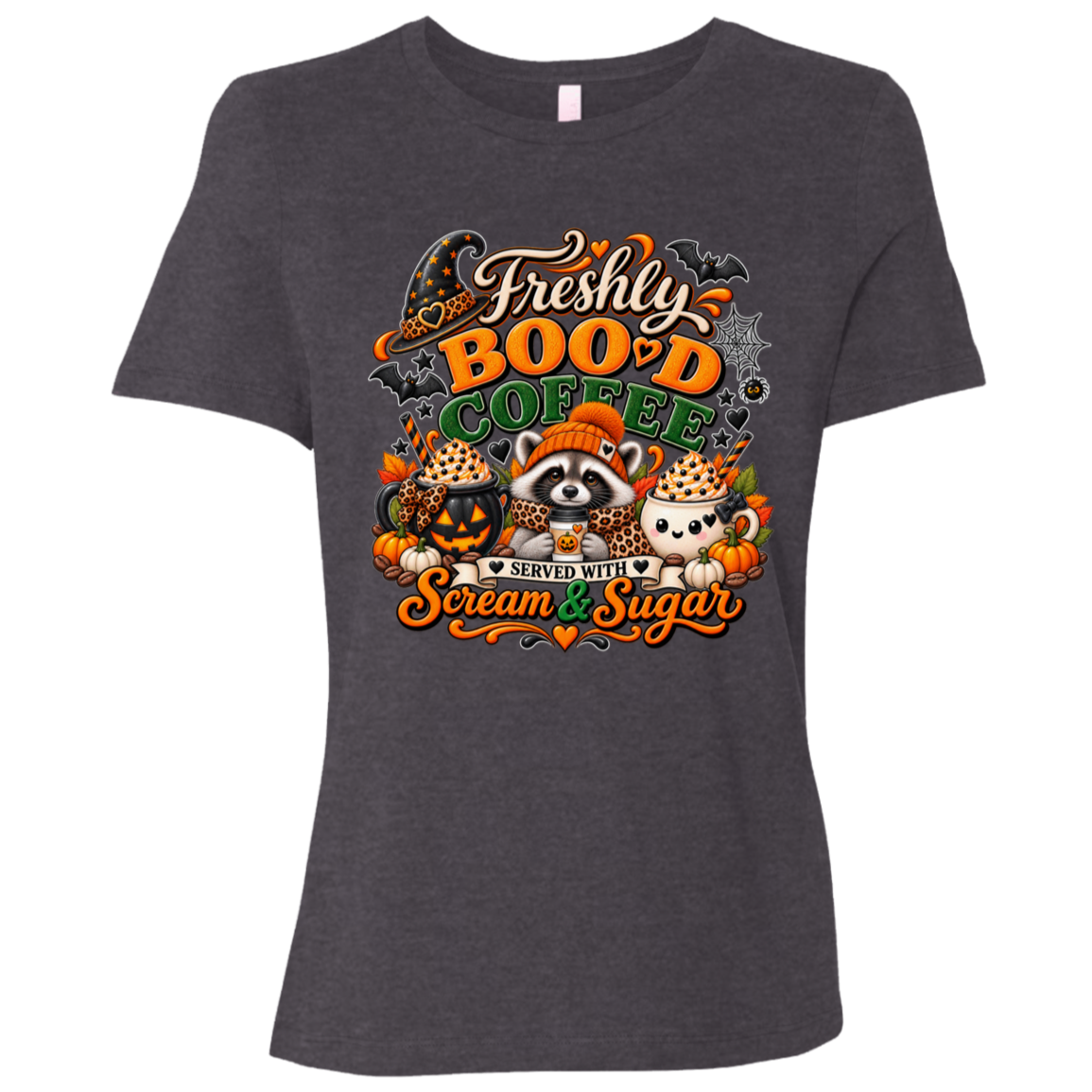 Dark Grey Heather Halloween coffee t-shirt design featuring a cozy raccoon in an orange knit hat and scarf surrounded by pumpkin spice drinks, pumpkins, bats, and autumn leaves, with the text “Freshly Boo'd Coffee” and “Scream & Sugar” on a transparent background