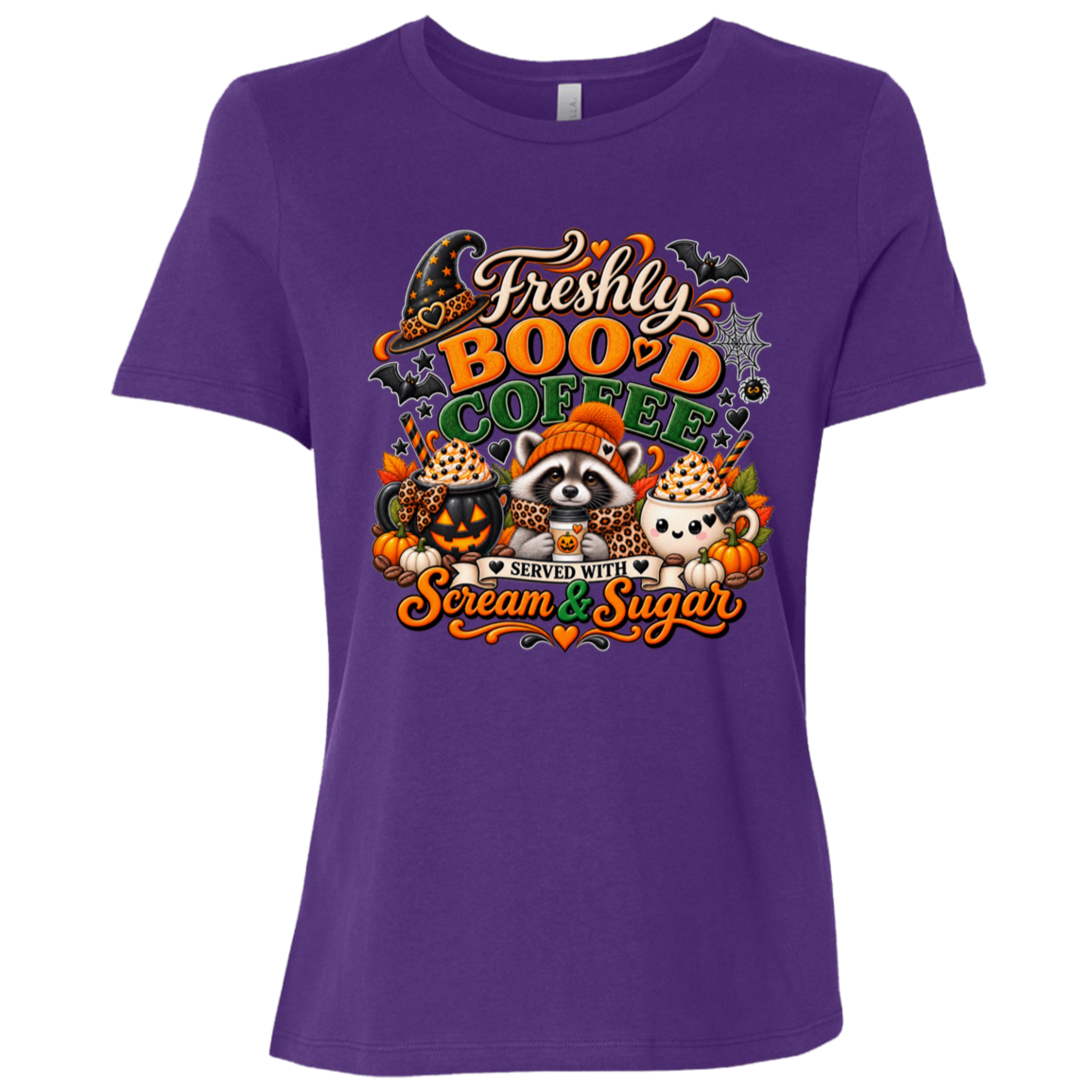 Purple Halloween coffee design t-shirt featuring a cozy raccoon in an orange knit hat and scarf surrounded by pumpkin spice drinks, pumpkins, bats, and autumn leaves, with the text “Freshly Boo'd Coffee” and “Scream & Sugar” on a transparent background