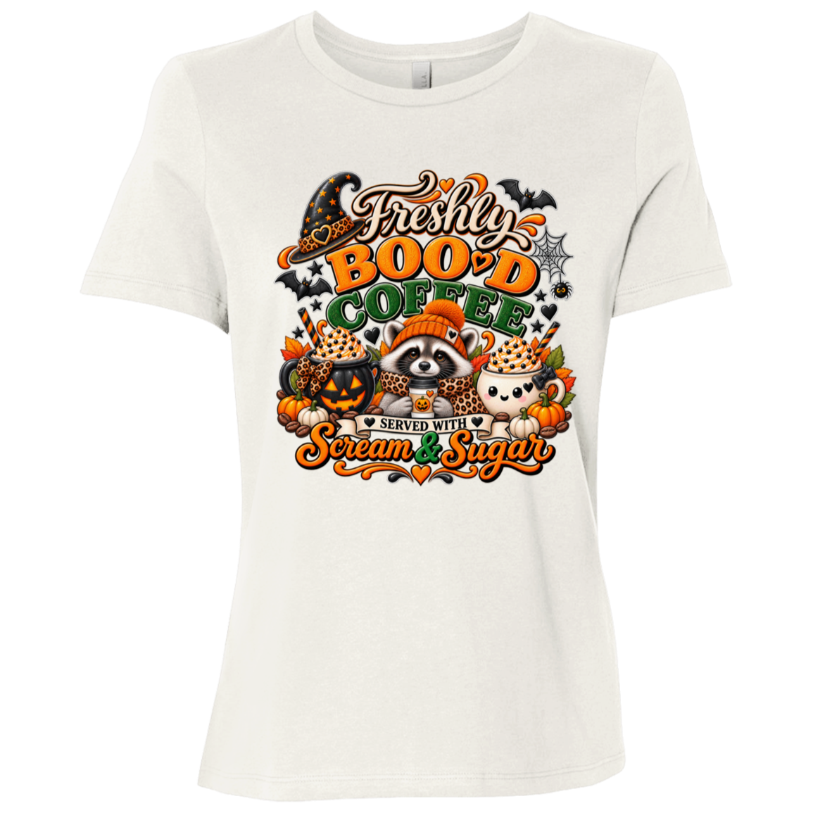 Vintage White Halloween coffee t-shirt design featuring a cozy raccoon in an orange knit hat and scarf surrounded by pumpkin spice drinks, pumpkins, bats, and autumn leaves, with the text “Freshly Boo'd Coffee” and “Scream & Sugar” on a transparent background