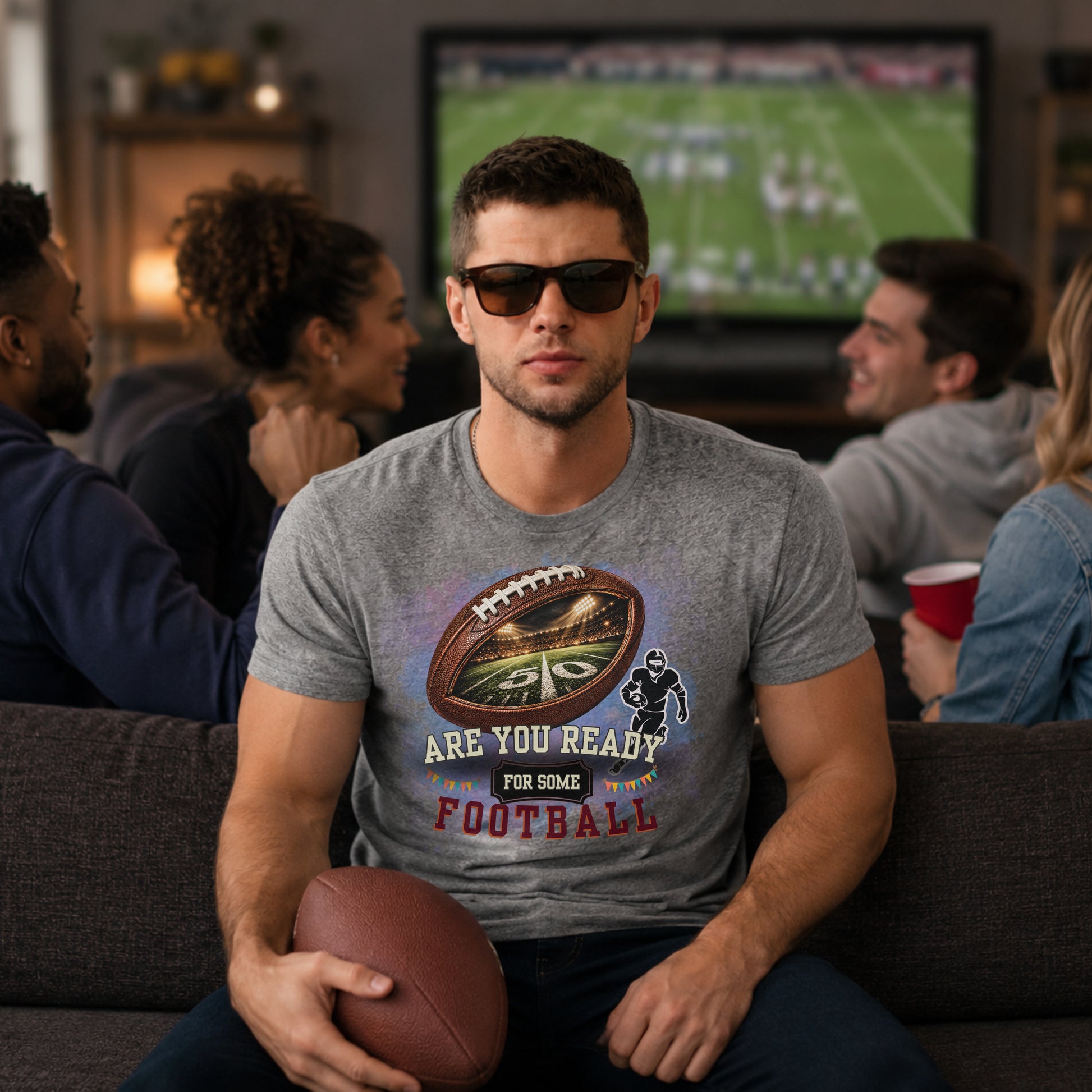 A man wearing a heather gray graphic t-shirt with a football design and the text 'ARE YOU READY FOR SOME FOOTBALL' sits on a couch holding a football, surrounded by friends watching a game in the background.